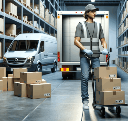 DALL·E-2024-01-29-23.02.58-A-medical-courier-in-a-warehouse-loading-medical-supplies-onto-a-delivery-truck.-The-courier-of-varied-ethnicity-is-wearing-a-safety-vest-and-glove